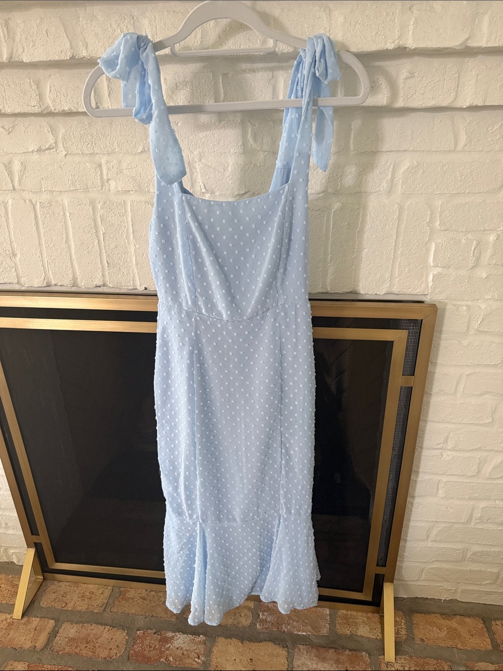 Lulu's Light Blue Swiss Dot Midi Dress with Tie Straps